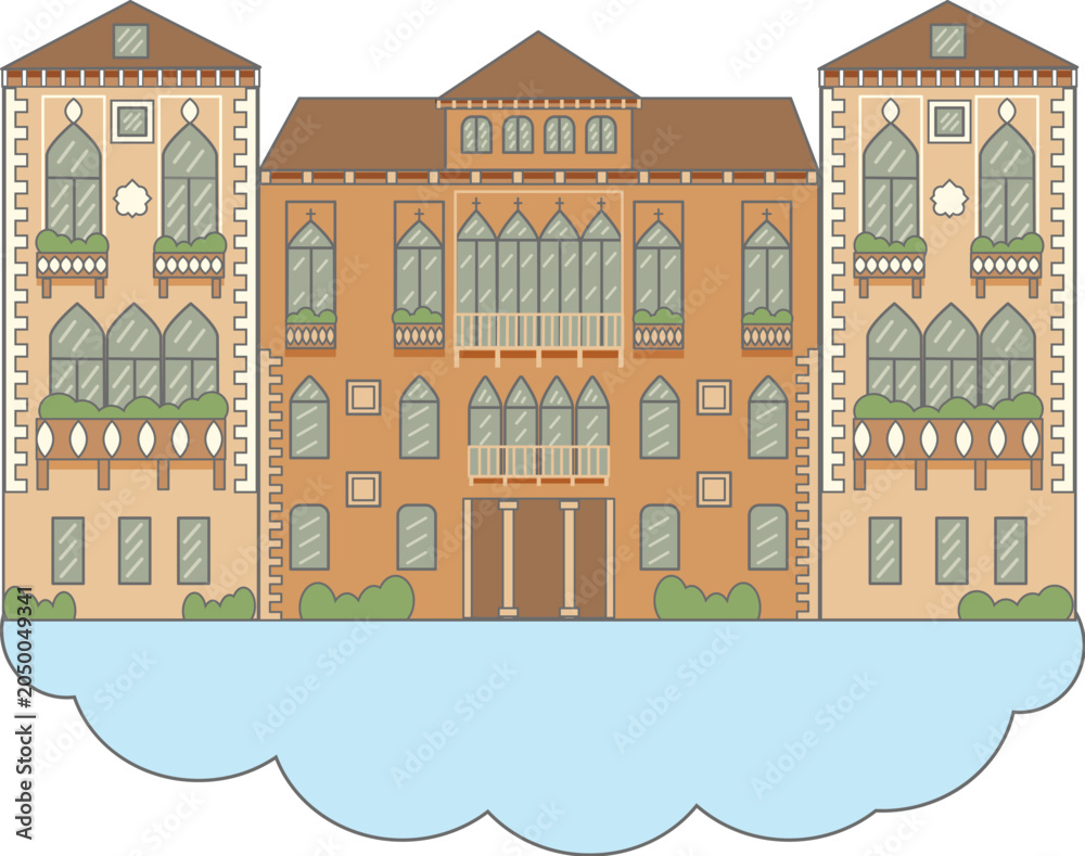 Fototapeta premium Venice city skyline building. Flat design line illustration concept. Isolated icon on white background