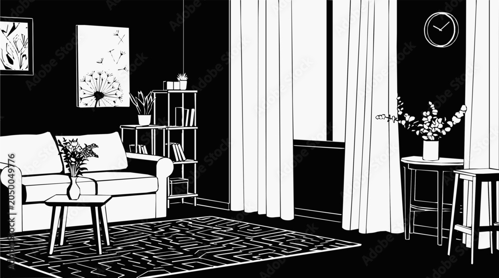 Fototapeta premium Interior of a modern living room in monochrome style featuring stylish furniture, home decor, a sofa, and a geometric rug in minimalist black and