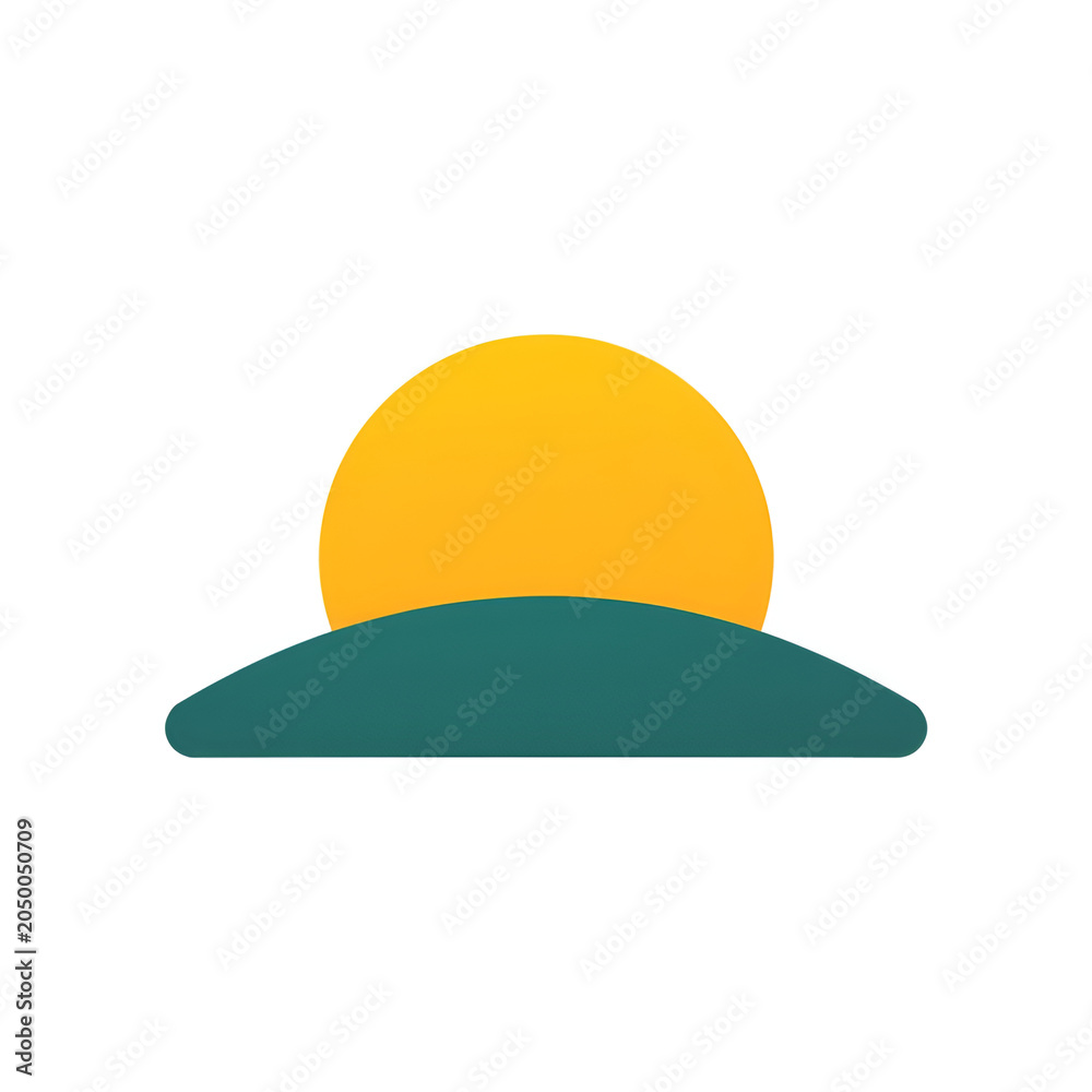 Fototapeta premium Sunrise Over Horizon: A simple yet evocative graphic representing a sunrise over a stylized horizon. The warm yellow sun peeks over a calm green landscape, symbolizing new beginnings and hope.