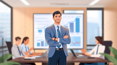 Successful businessman stands in front of meeting table while coworkers listen attentively