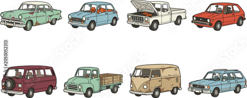 Fotografie Vintage Retro Rusty Old Car and Pickup Truck Collection with Classic Vans and Wa