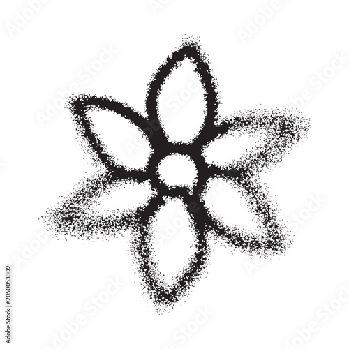 Black and white icon of flower. Hand-drawn graffiti-style blossom symbol isolated with spray paint effect and aerosol painting texture for Women's Day, spring, summer, holiday cards and branding
