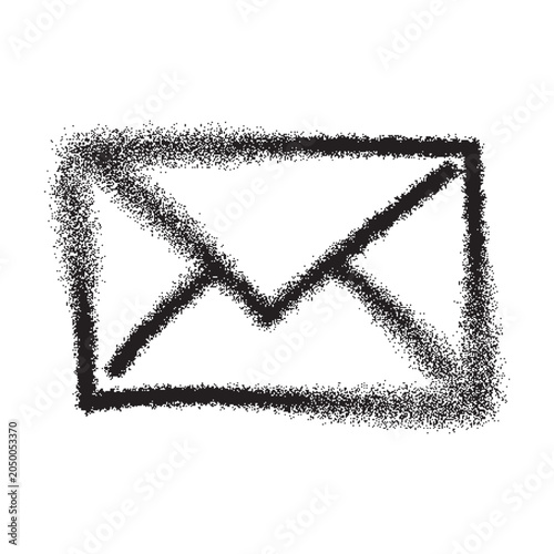 Black and white icon of envelope. Hand drawn graffiti style message symbol with spray paint effect and aerosol painting texture.