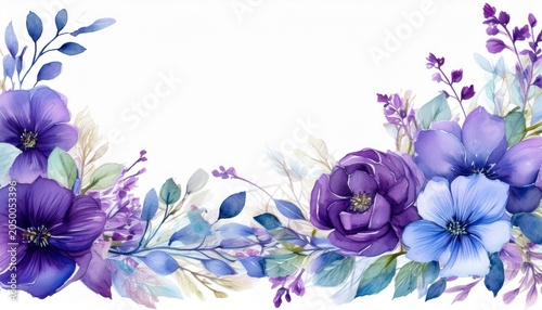 watercolor floral border with purple and blue flowers on white background
