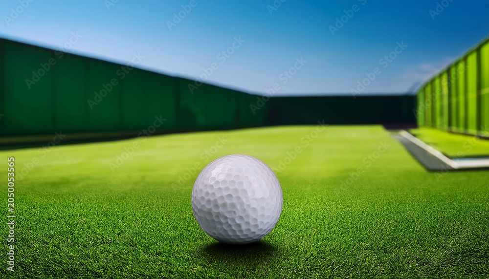 Fototapeta premium white golf ball with black dot rests on green field enclosed by green wall golf simulator in background golf simulator