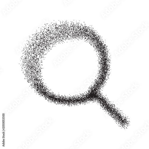 Black and white icon of magnifier. Hand drawn graffiti style loupe symbol with spray paint effect and aerosol painting texture — magnifying glass sign