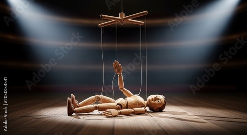 A wooden marionette puppet lying on a stage floor, attached to strings leading to a control bar above.