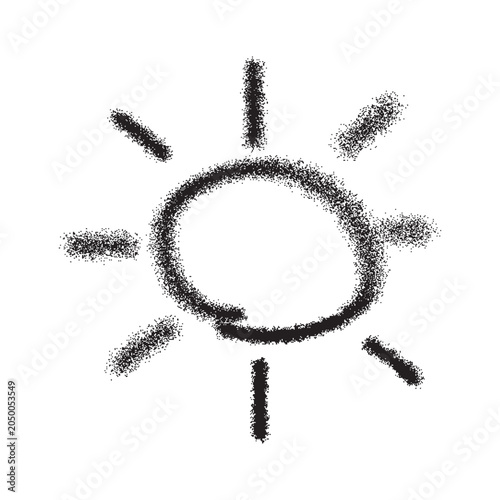 Minimal vector sun icon in spray paint style with grainy texture. Hand drawn summer symbol for weather, vacation, travel branding, seasonal posters and modern graphic design.