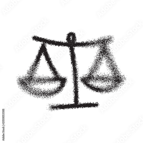 Black and white icon of kitchen scales. Hand-drawn graffiti-style symbol with spray paint effect and aerosol painting texture.