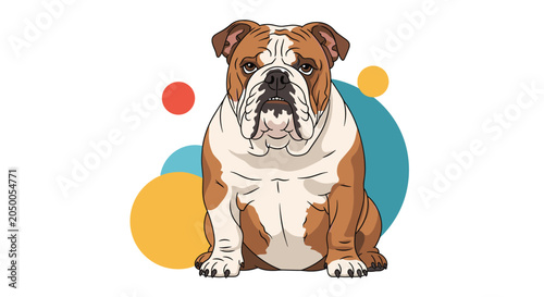 Photos Serious looking brown and white English Bulldog sitting stoutly with colorful abstract shapes in the background