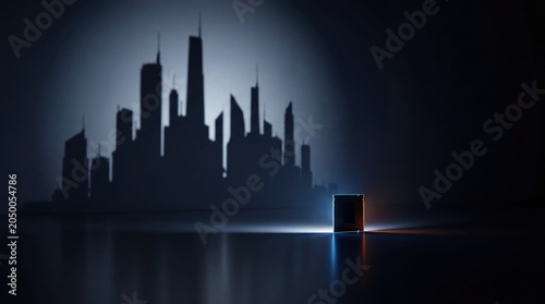 Illuminated IC chip casting city skyline shadow in dark environment artistic concept