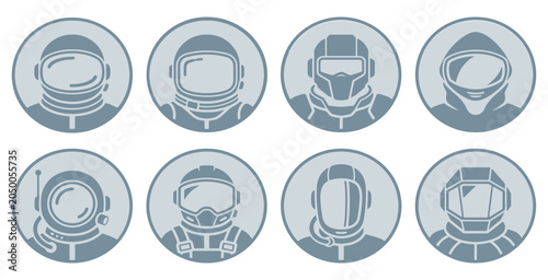 Foto Collection of eight circular icons featuring diverse astronaut helmets and futuristic headgear