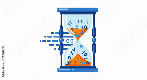 Conceptual Illustration of a Binary Hourglass Representing Digital Time, Fast Data Processing, and Information Efficiency on a White Background
