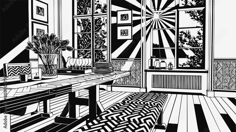Naklejka premium Modern Interior Dining Room in Black and White Illustration with Sunburst Window Light and Decorative Floral Vase