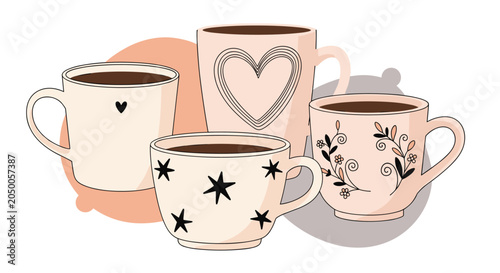 Assortment of four different mugs with heart, star, and vine decorations on a warm artistic background with soft shapes.