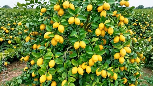 Bright yellow lemons hanging on branches in a lush citrus orchard, showcasing natural farming, fresh harvest, and organic fruit cultivation.