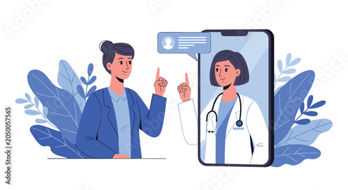 Illustration of a woman engaging in a digital health consultation with a female doctor displayed on a large smartphone.