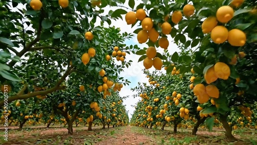 Fresh lemons growing naturally on tree branches in an orchard, highlighting organic farming practices and healthy citrus production.