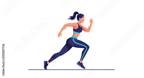 Female athlete running intensely at full speed on a white background, representing fitness, health, and athletic achievement.