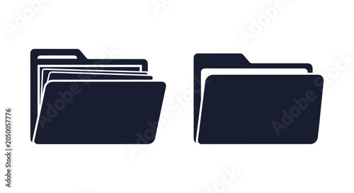 Simple black and white icons of an open folder with documents and a closed folder for data storage and organization.