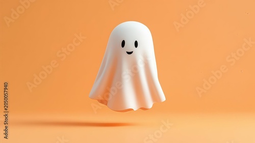 Cute 3D floating cartoon ghost with a happy smiling face on a solid bright orange background halloween concept