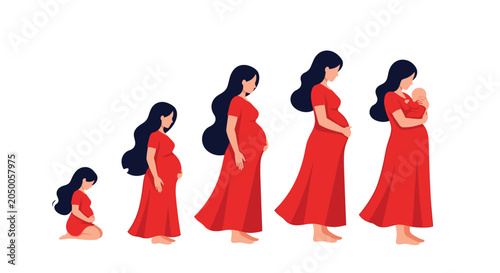Illustration showing the different stages of pregnancy progression of a woman in a red dress from early stages to birth.