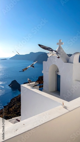 Greece Church with Seabirds Fly.