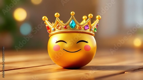 Happy smiling golden emoji ball wearing a royal crown decorated with colorful gemstones on a warm wooden table background