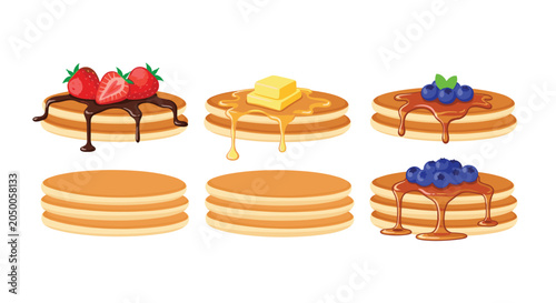 Assortment of fluffy pancakes topped with butter, syrup, chocolate, strawberries, and blueberries for a delicious breakfast.