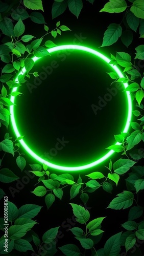 Glowing bright green neon circle frame surrounded by lush fresh tropical leaves on dark black background copy space design