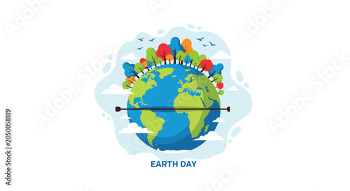 Planet Earth illustration for Earth Day featuring colorful trees growing on the surface surrounded by clouds and birds.