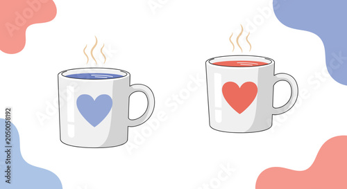 Two simple white mugs with blue and red hearts emitting steam, suggesting a warm shared drink between two people.