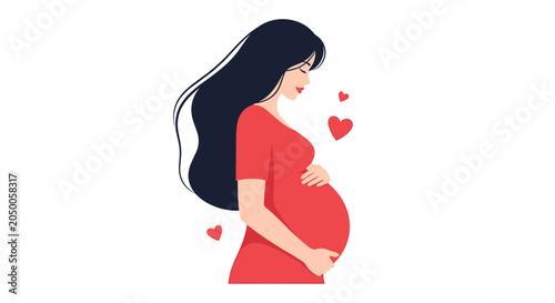 Pregnant woman with long black hair wearing a red dress holding her belly with love and care against a white background.