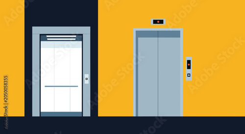 Modern elevator entrance in a hallway with one set of doors closed and the other open showing the interior cabin.
