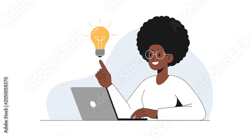 Young black woman with an afro hairstyle sitting at a desk with a laptop and finding a creative idea represented by a lightbulb.