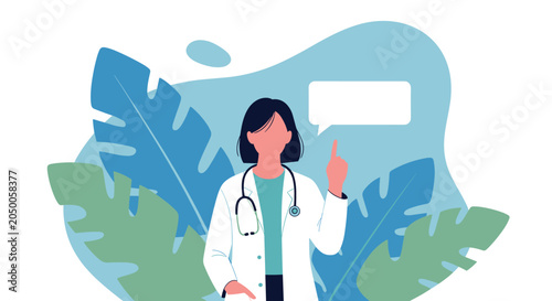 Professional female doctor wearing a white coat and stethoscope pointing upwards with a blank speech bubble for medical advice.