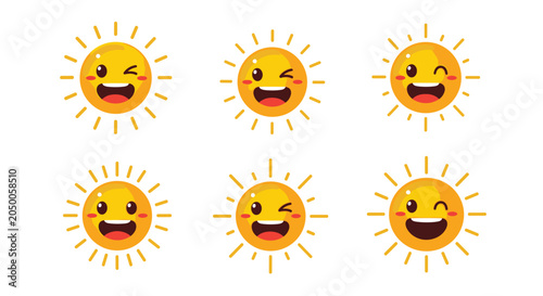 Collection of six cheerful sun characters with different winking and smiling faces brings joy and happiness to weather designs.