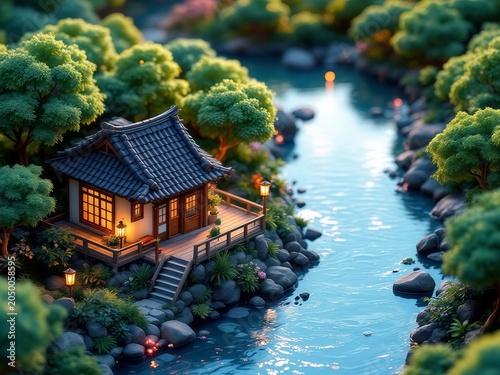 Traditional asian wooden house on rock bank beside a clear blue river flowing through a lush green tree forest