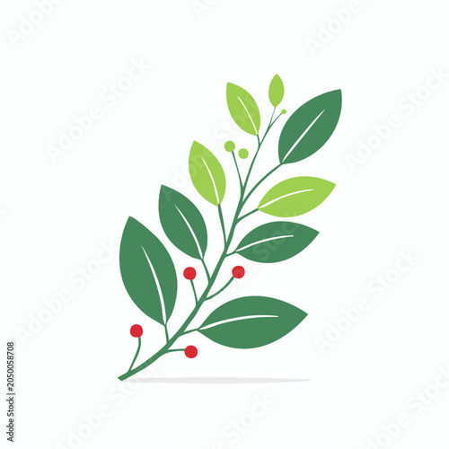 Stylized Branch with Green Leaves and Red Berries