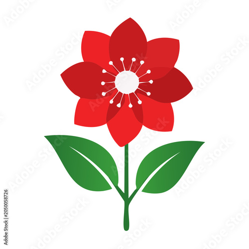 Stylized red flower with green leaves on white background