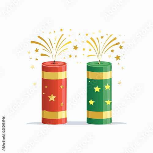Two Cylindrical Firecrackers with Gold Stars and Confetti