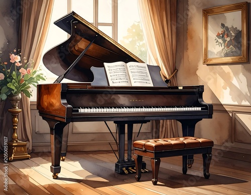 Grand Piano in Room.
