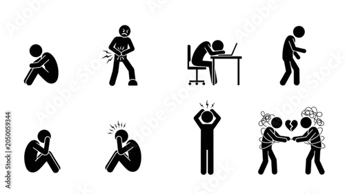 Konstfotografi Depression and stress stick figure vector icon set sad anxious lonely person men