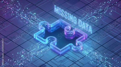 A glowing neon puzzle piece with missing data floats on a futuristic grid background.
