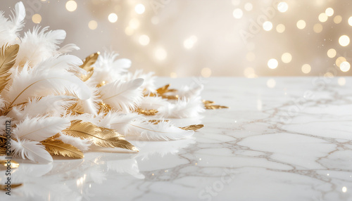 White and Pale Gold Feathers on a Cream Marble Surface with Soft Bokeh Backgrounds
