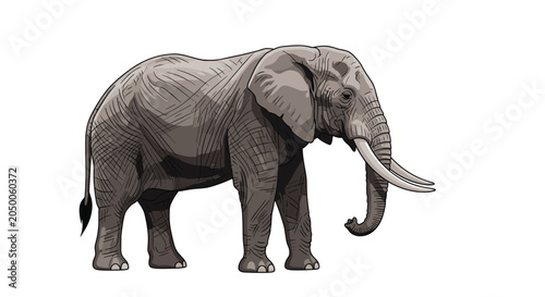 Photography Majestic African elephant with large tusks shown in profile while standing on a clean white background in a detailed style