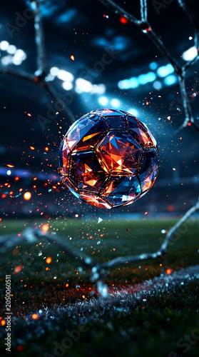  Football and World Cup Concept soccer ball hitting goal net in stadium lights