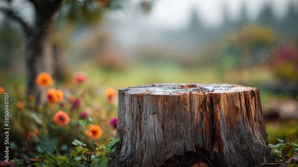 Fototapeta premium tree stump wood podium little blurred background of apple farm 