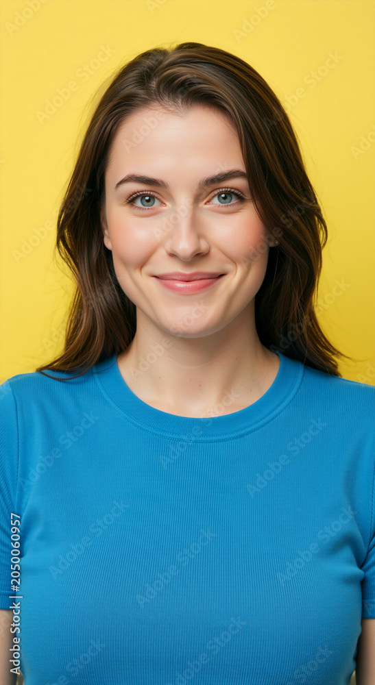 Fototapeta premium Close up portrait of a smiling young woman against a yellow background. Happy female with blue eyes wearing a blue t-shirt