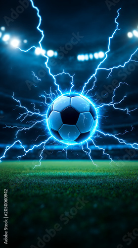 Football and World Cup Concept soccer ball hitting goal net in stadium lights